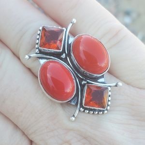 New Coral & Garnet 925 Silver Statement Ring.